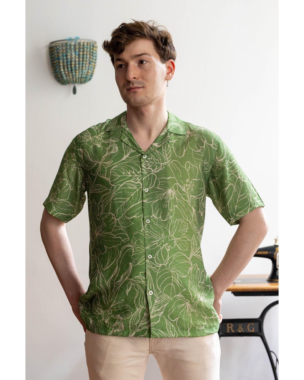 Stovaria Green Pure Cotton Linen Shirt – Glossy Floral for men