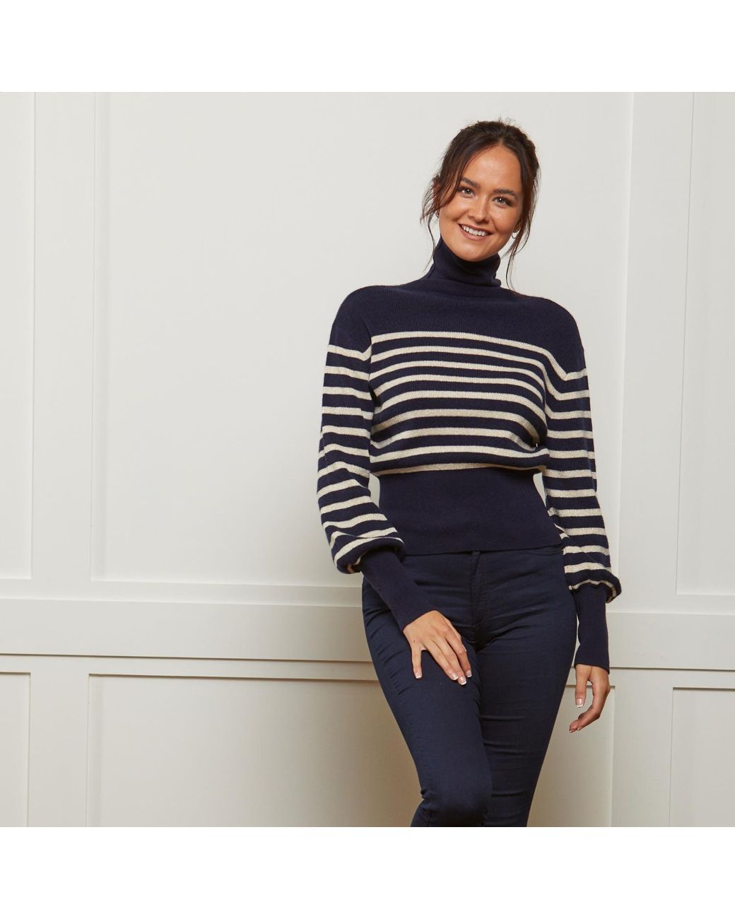 Guinea London Blue Cream Lurex Stripe Cashmere Roll Neck Jumper