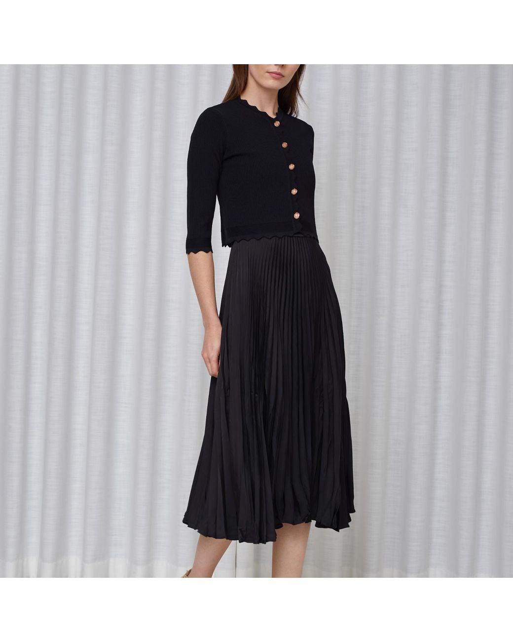 Roch Perel Black Satin Pleated Slip Dress
