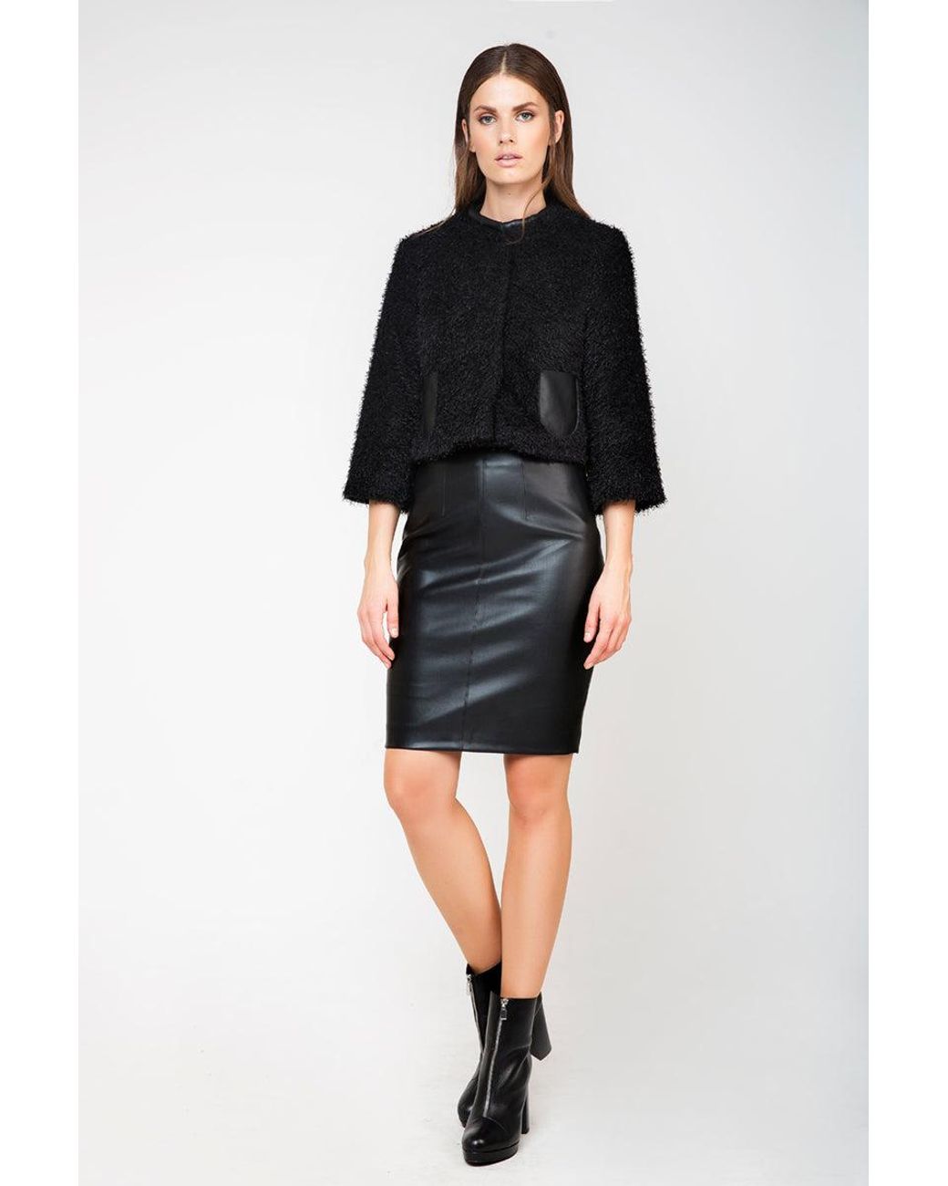 Conquista Black Bolero With Leather Look Detail