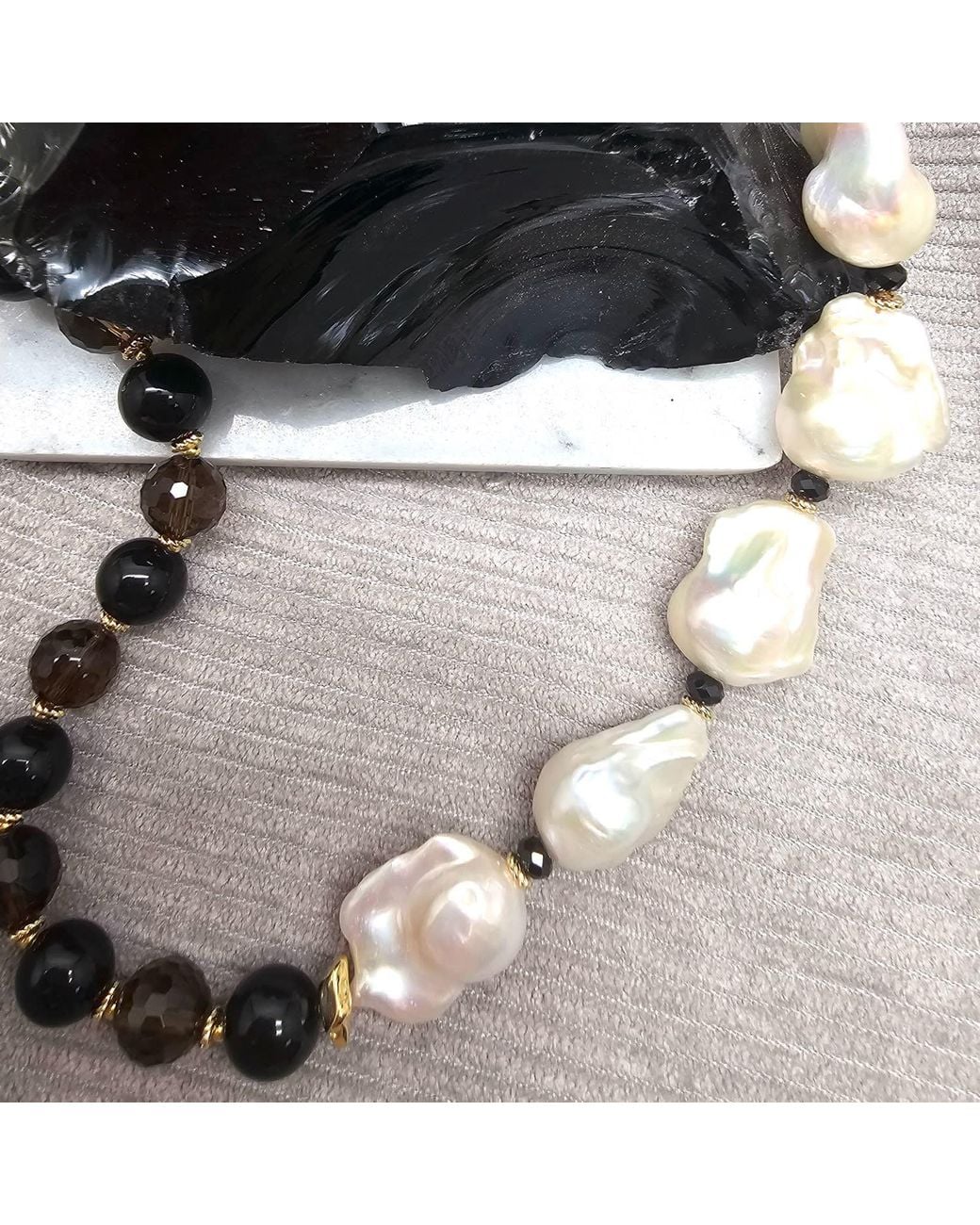 Farra Black Quartz And Obsidian With Baroque Pearl Statement Necklace
