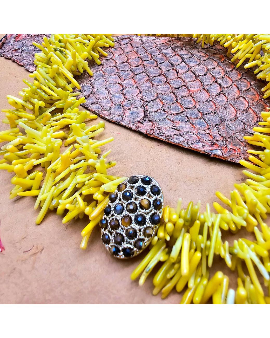 Farra Yellow Bohemian Vibrant Multi-Layer Coral Bamboo Statement Necklace