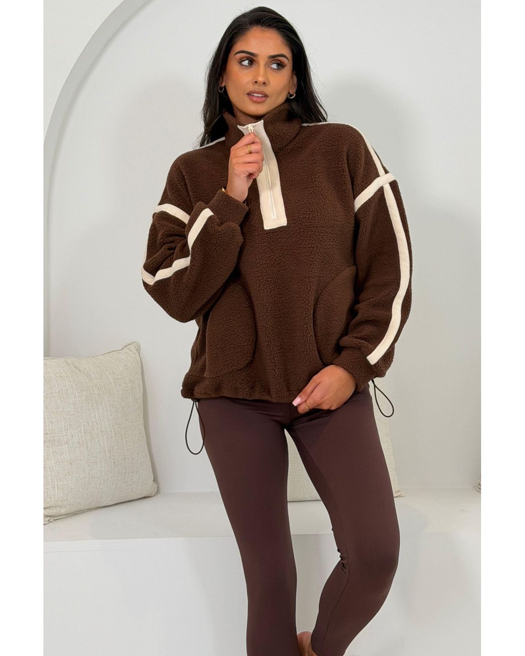 Girl In Mind Brown Lilo Contrast Binding Zip Pocket Detail Fleece Chocolate
