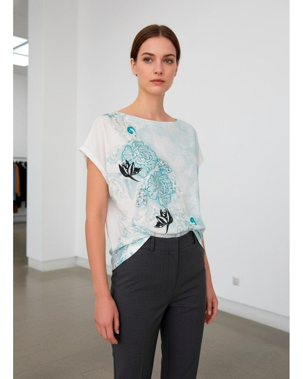 Conquista Blue Printed Short-Sleeve Top With Floral & Ornamental Motifs