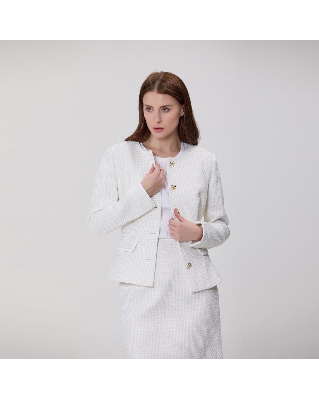 Smart and Joy White Textured Tailored Jacket With Jewelled Buttons