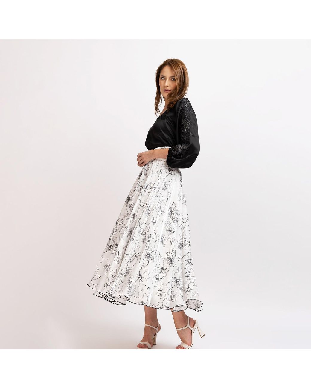 IZABELA MANDOIU White Floral Midi Viscose Skirt