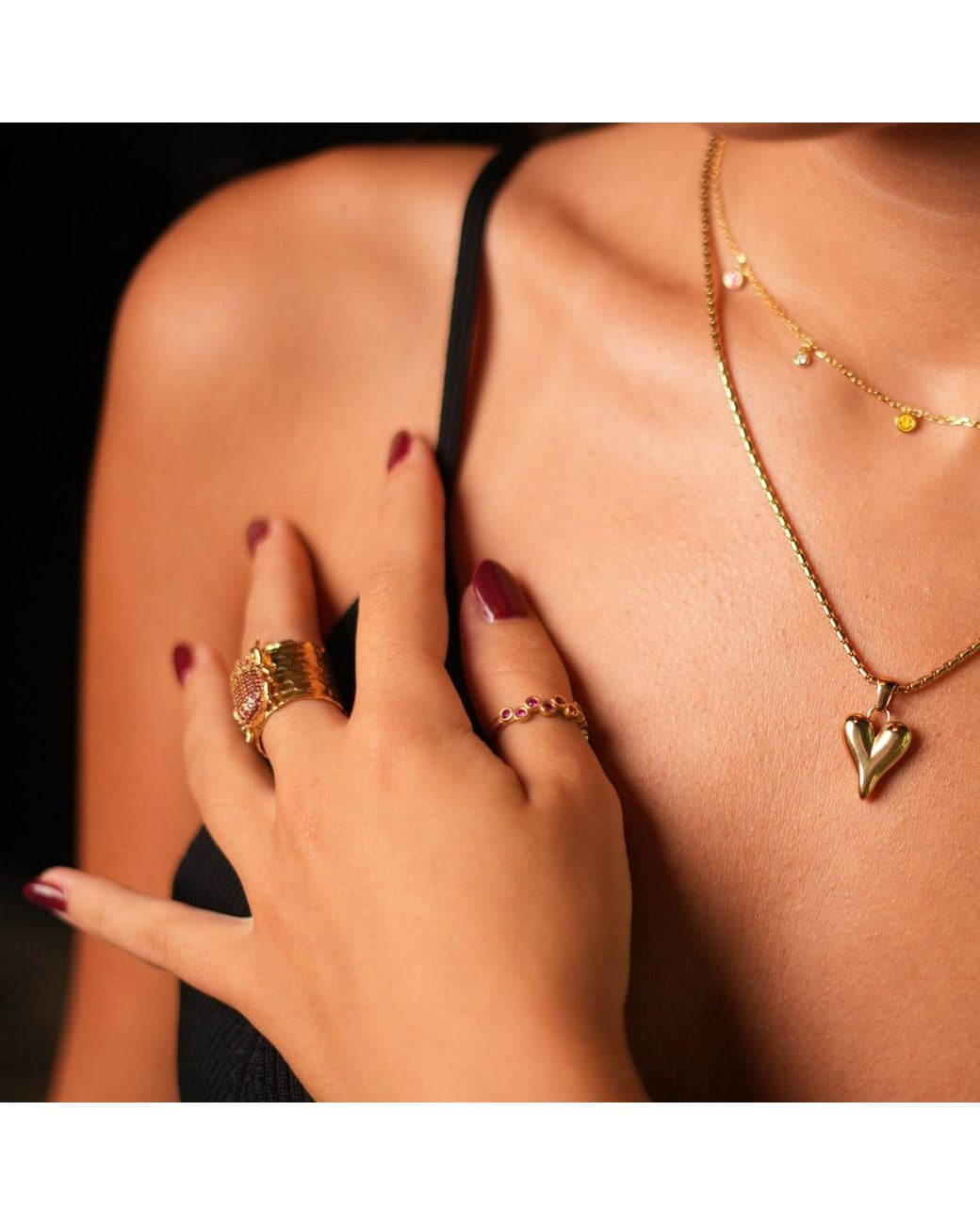 Ebru Jewelry Metallic Ruby Stone & Zig Zag Stackable Adjustable Ring