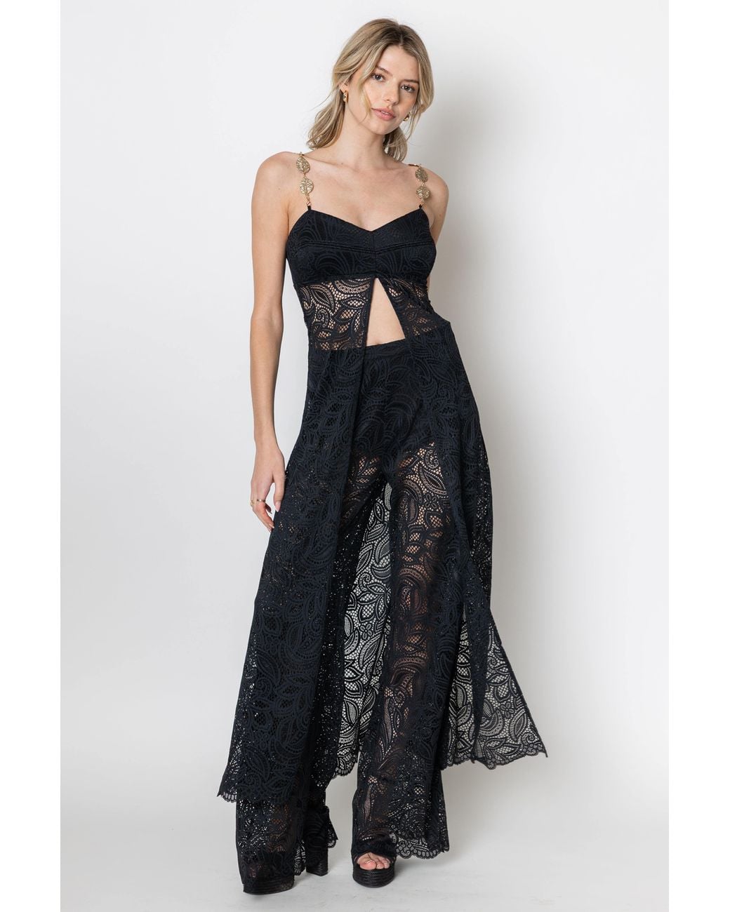 Zetaye Black Lyric Lace Long Line Chain Top