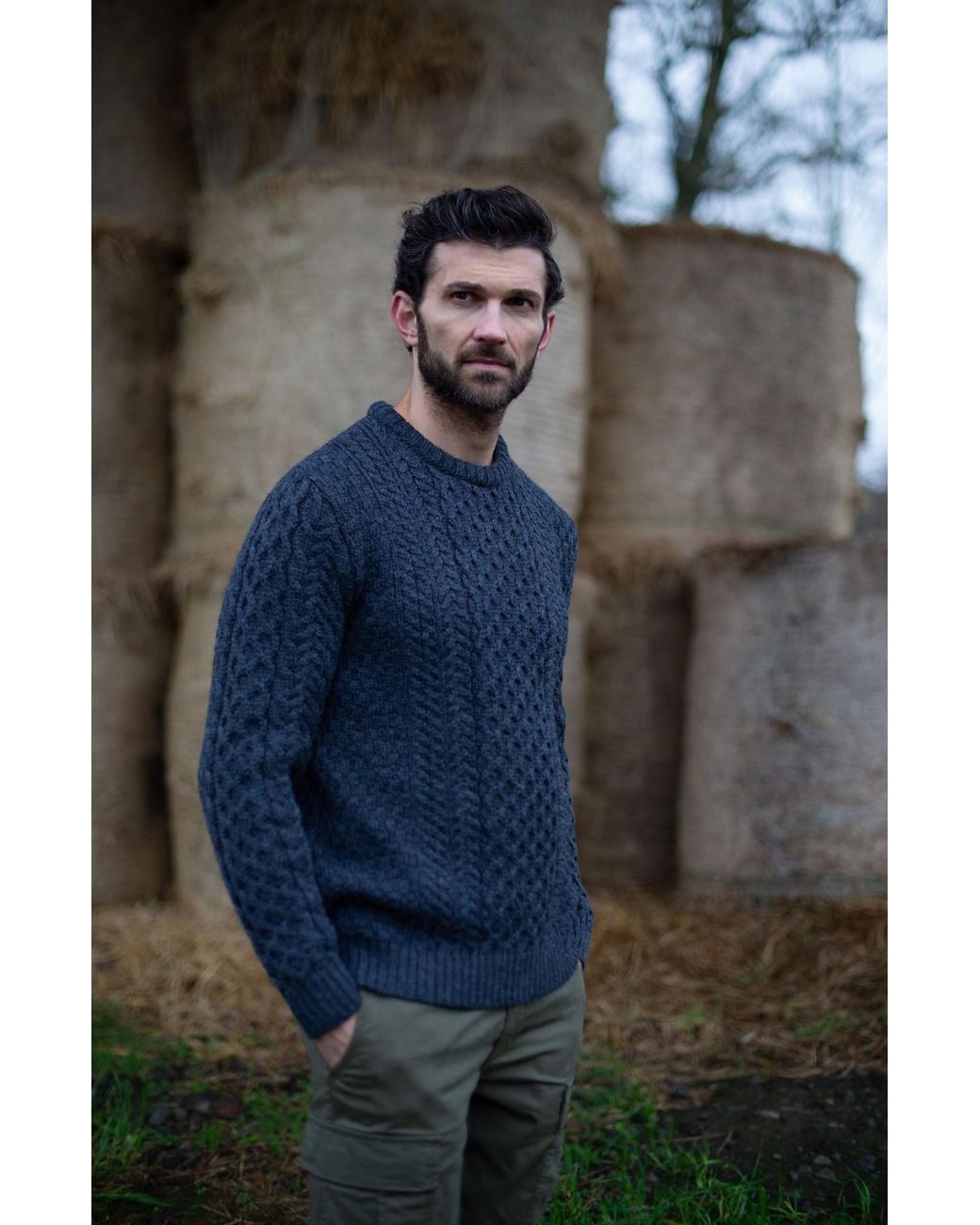 Paul James Knitwear Blue Fisherman's British Wool Johnson Cable Jumper for men