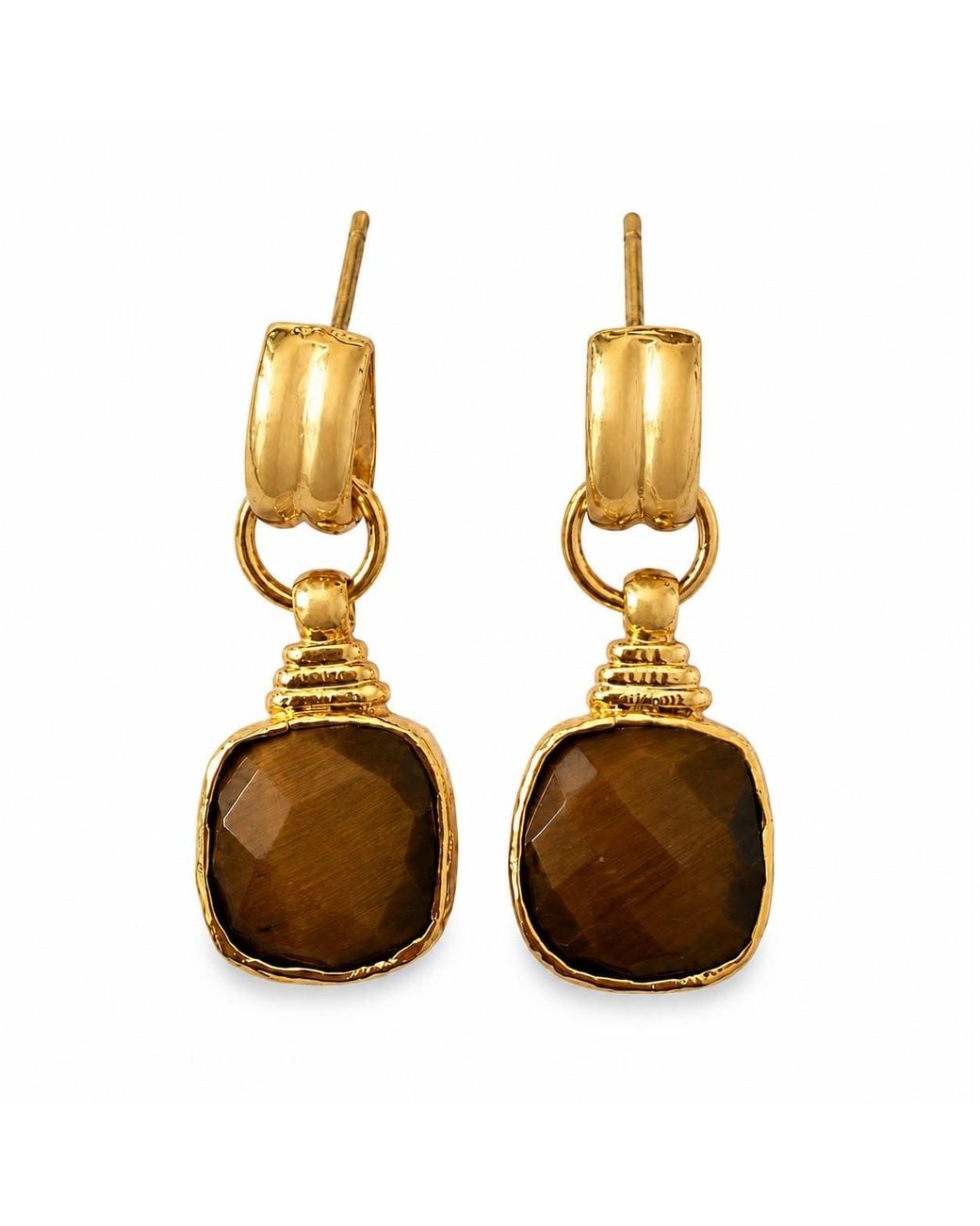 By Ozge Metallic Golden Focus Natural Tiger's Eye Plated Drop Earrings