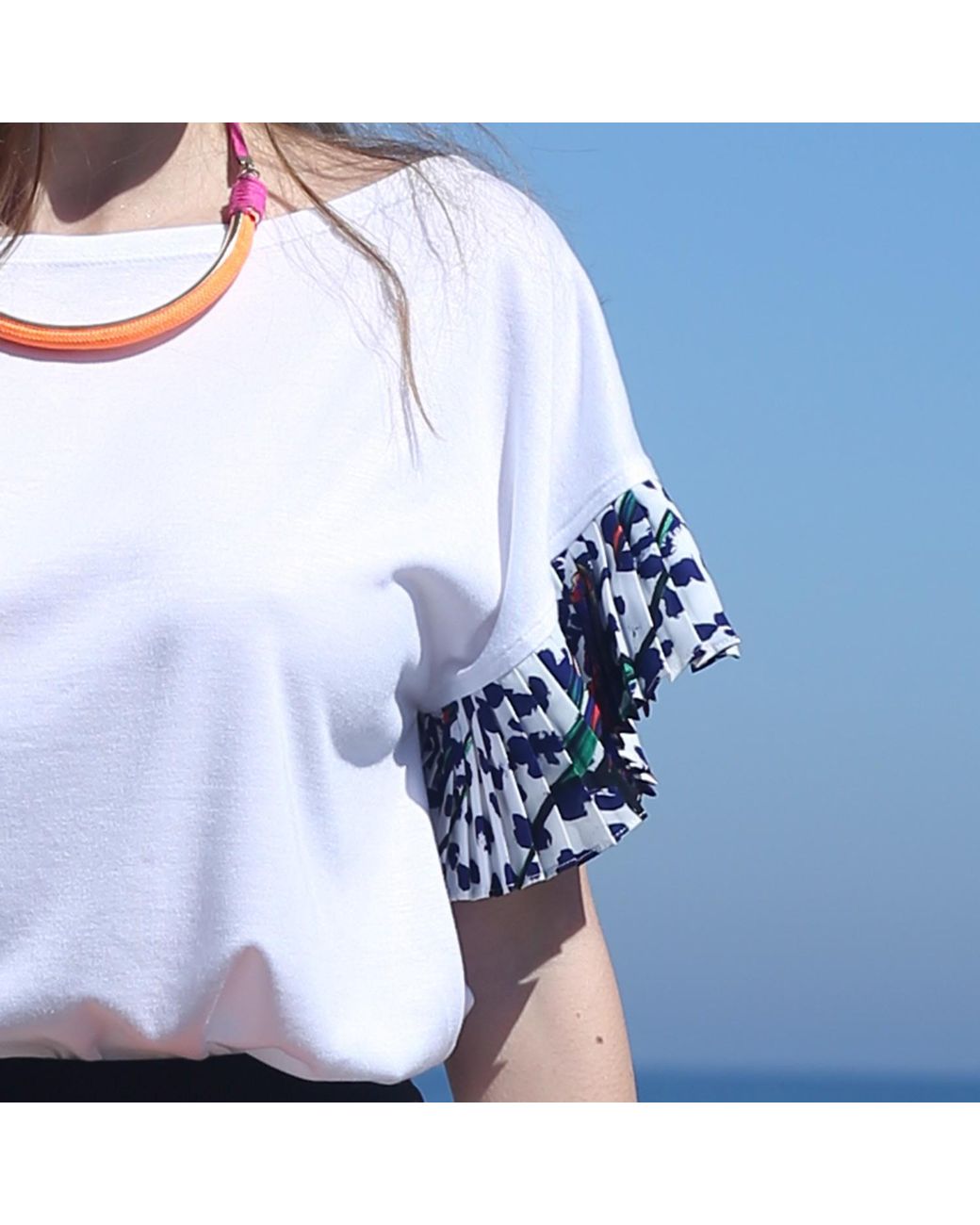 Lalipop Design Blue Cotton Blouse With Boat Neck & Pleated Sleeves