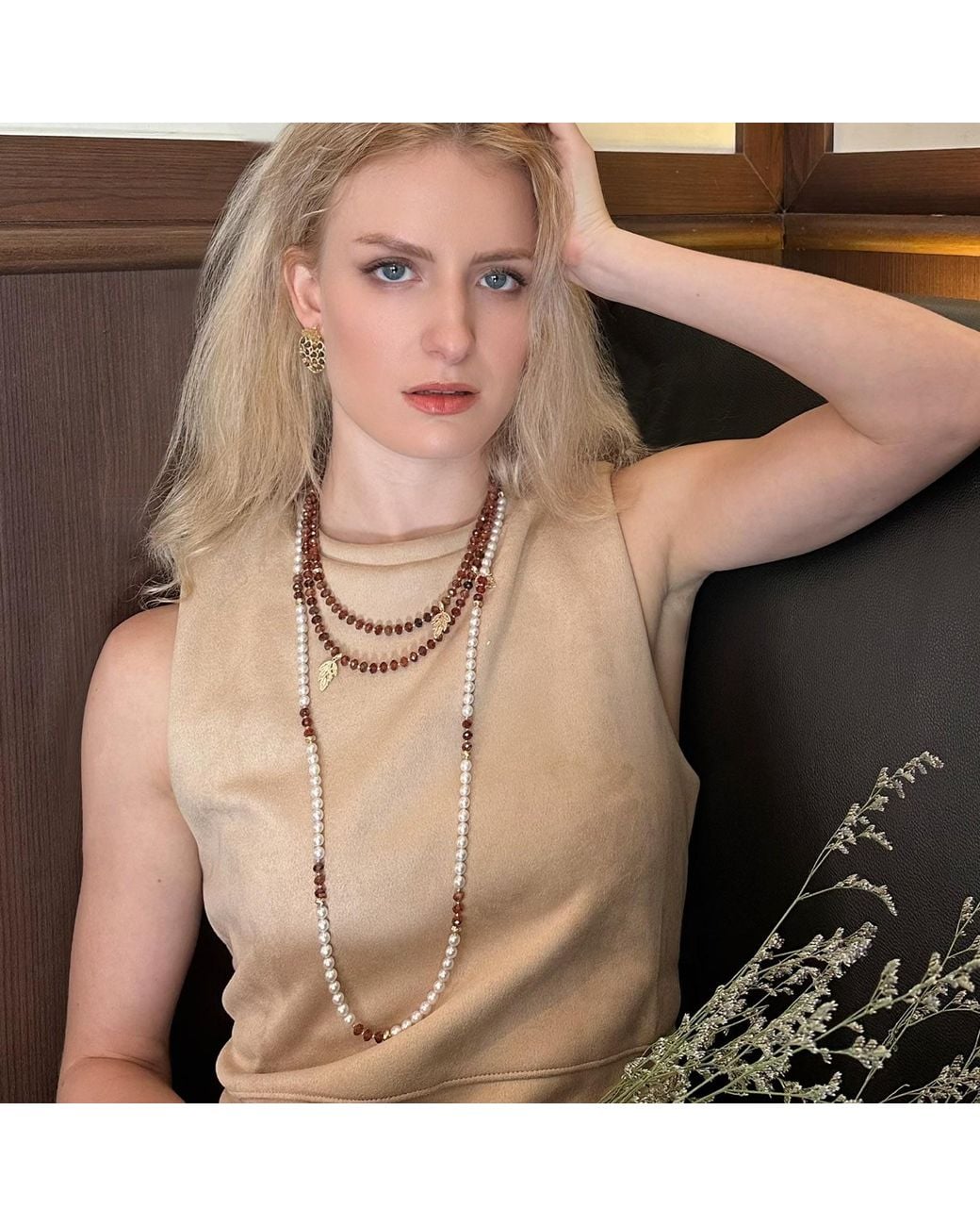 Farra Metallic Freshwater Pearls With Natural Garnet Long Necklace