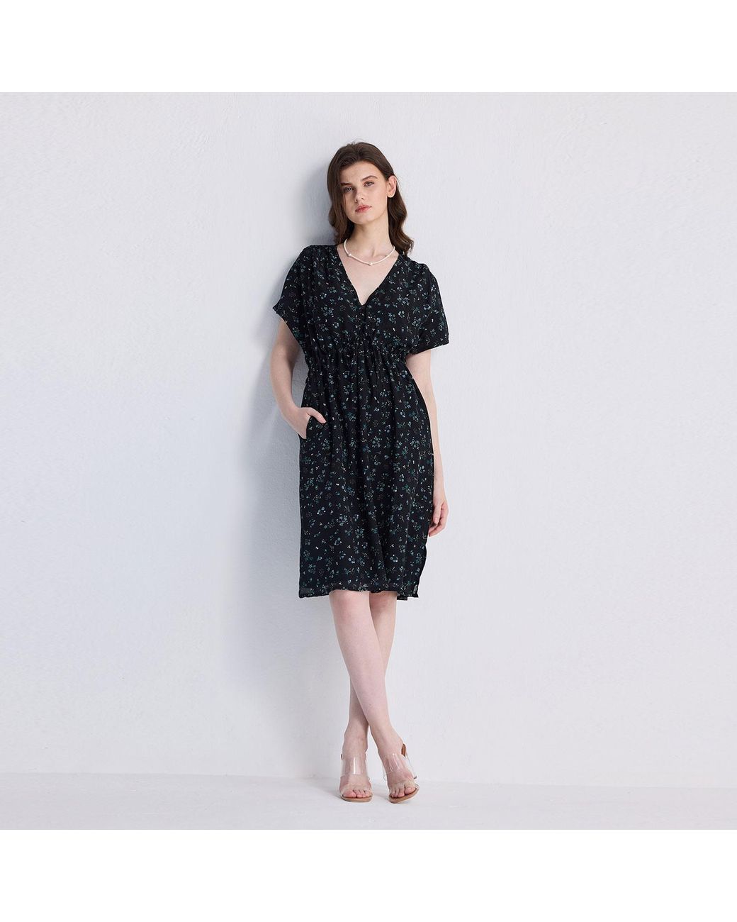 REISTOR Blue Gathered Knee-Length Dress