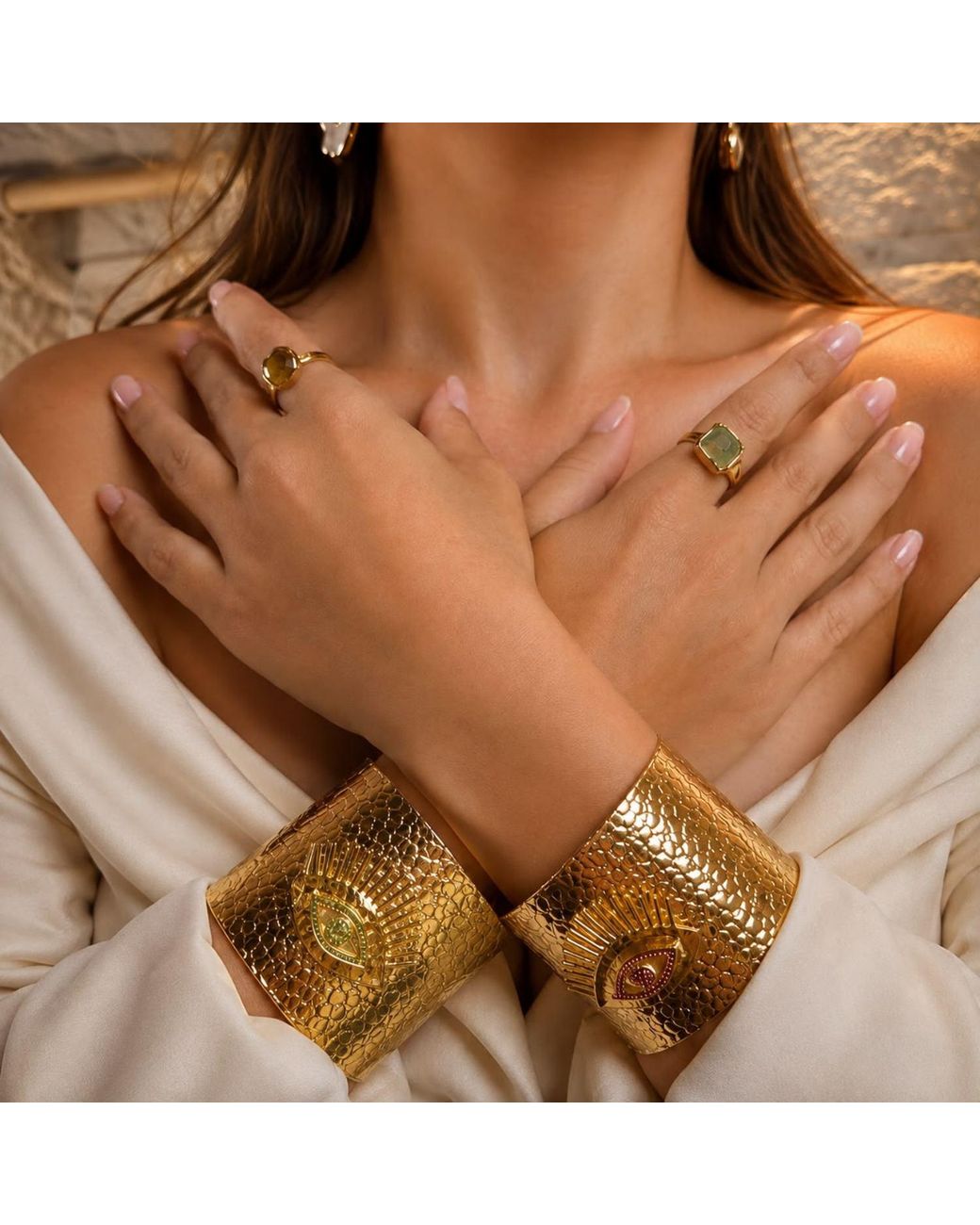 By Ozge Metallic Divine Gaze Ruby Stone Evil Eye Plated Statement Cuff Bracelet