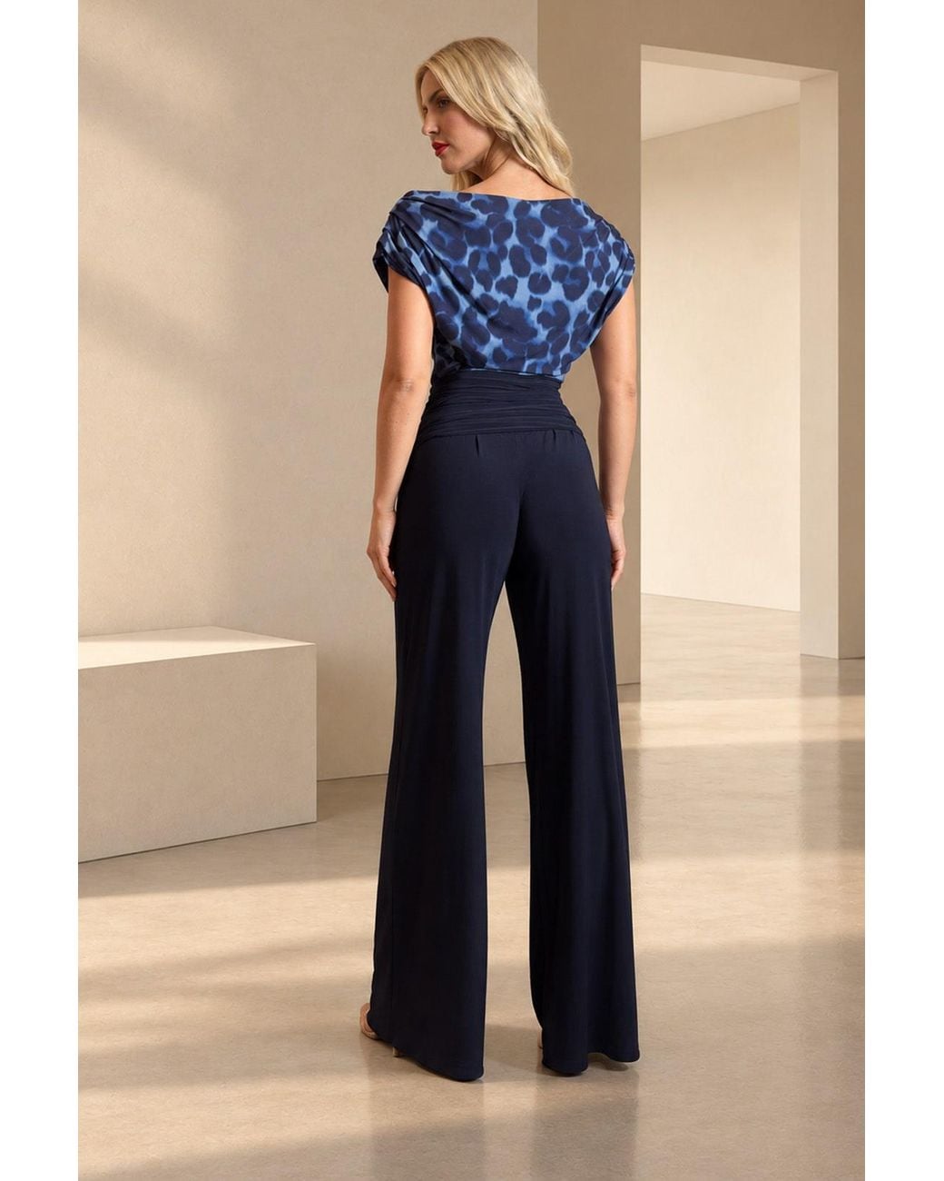 Atom Label Blue Carbon Bardot Wide Leg Jumpsuit