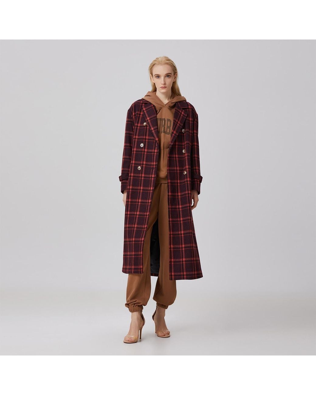 Smart and Joy Red Double Breasted Checks Coat