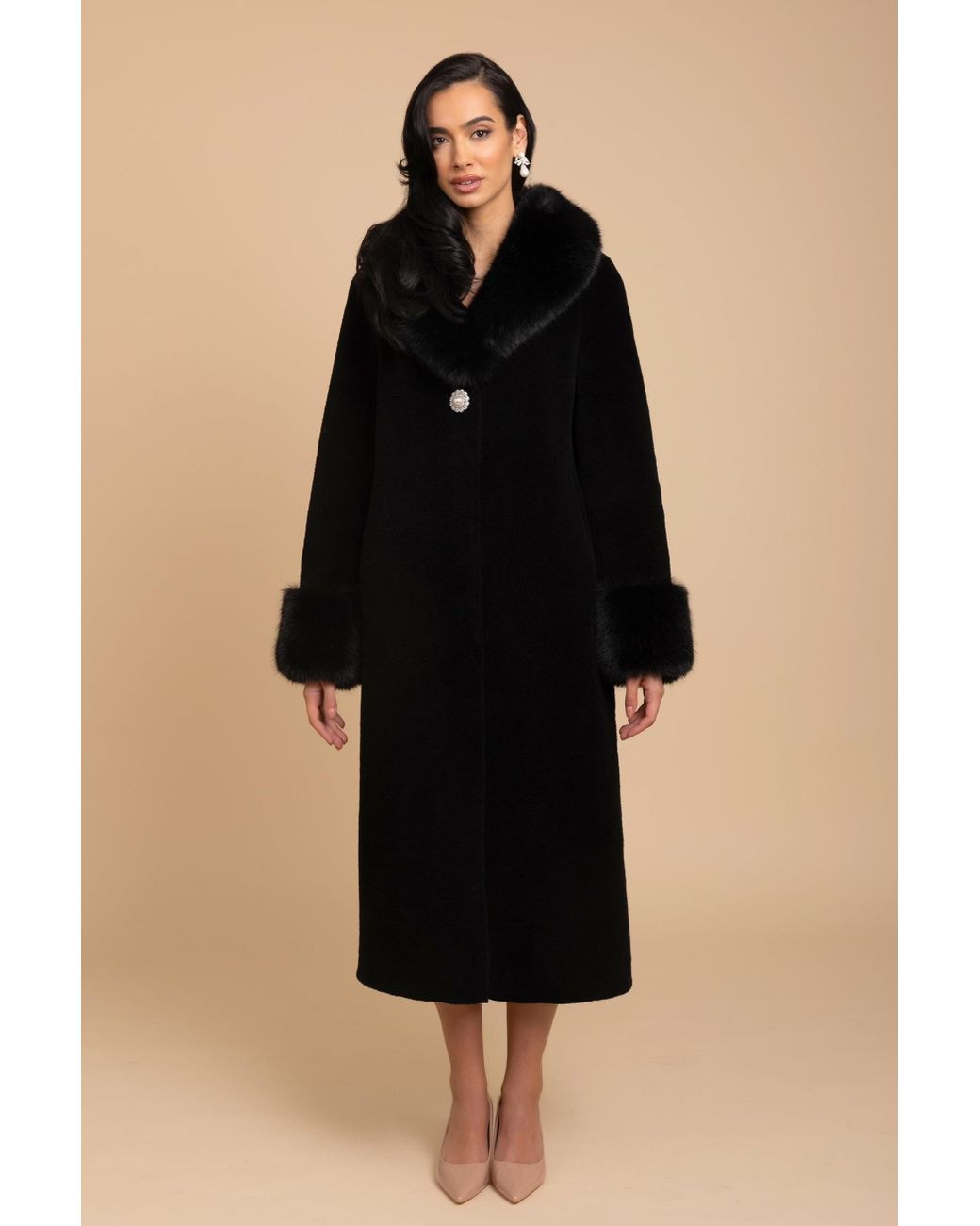Santinni Black Sunset Boulevard Long Wool Coat With Faux Fur Collar
