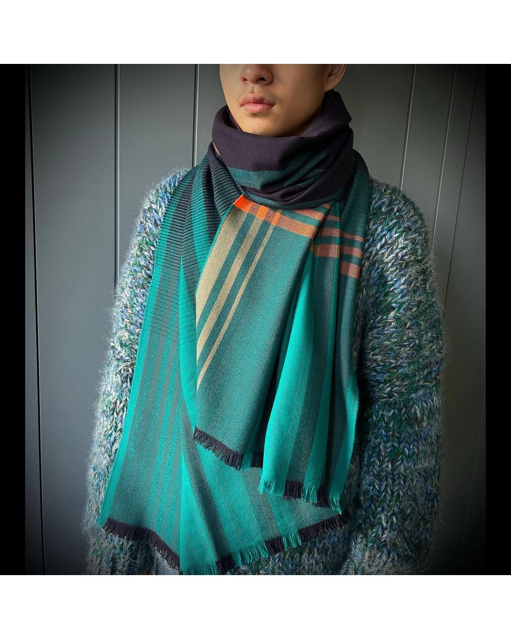Essien & Emre Green Checked And Stripe Merino Scarf for men