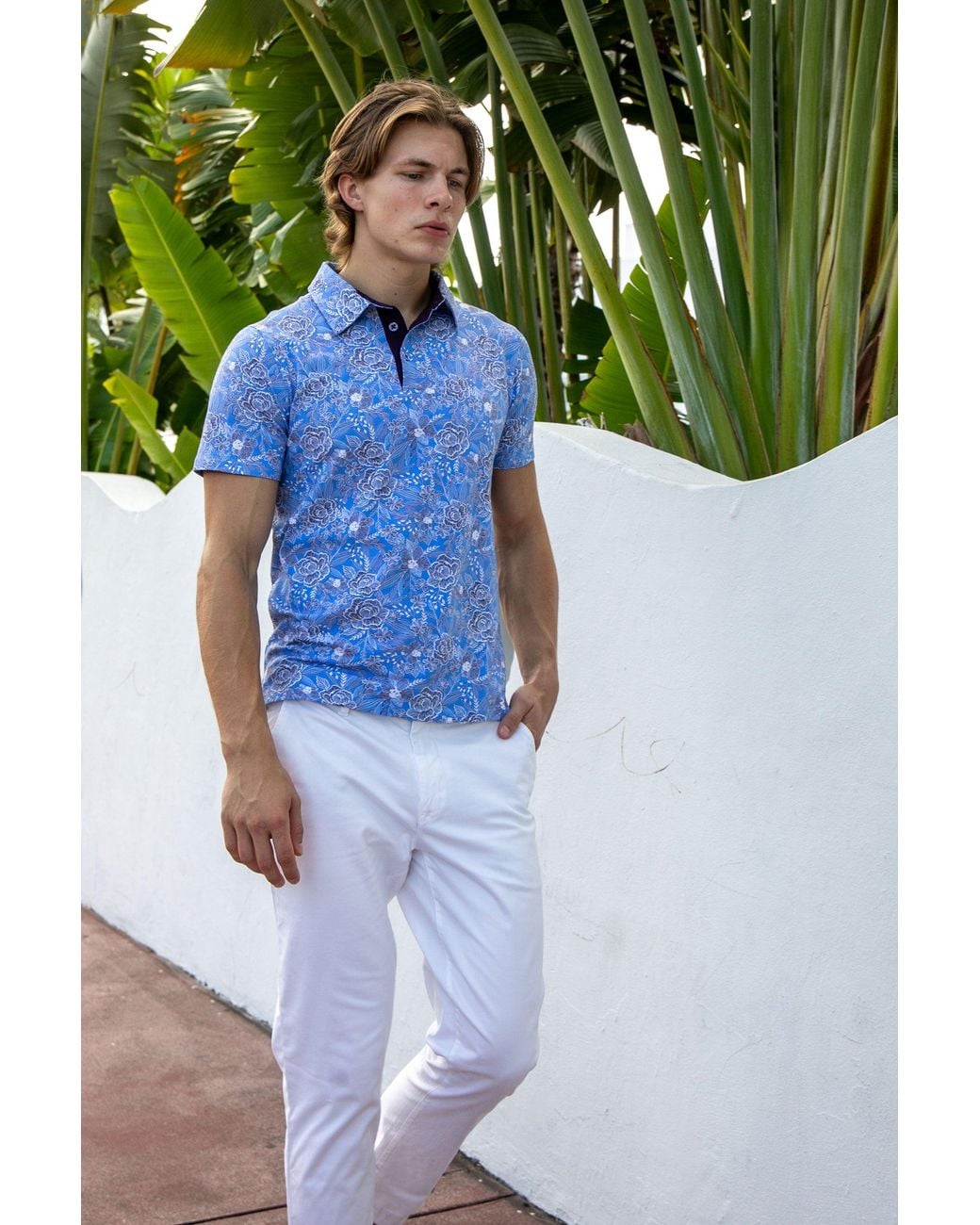 Lords of Harlech Blue Pietro Handcut Floral Polo Shirt for men