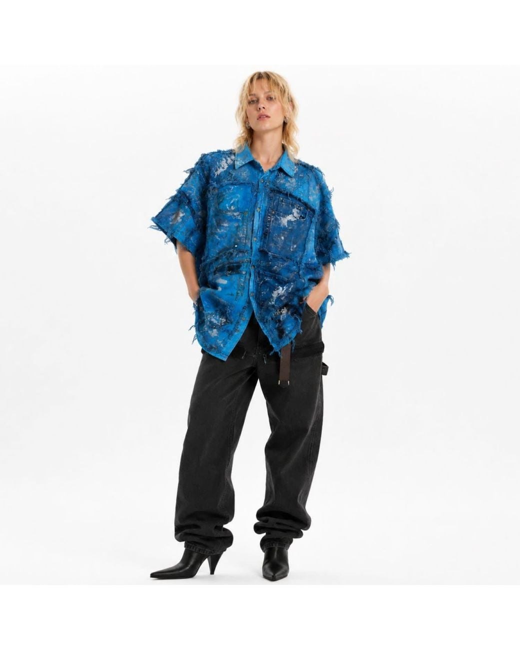 Zasta Studio Blue Wearable Ruins Shredded Denim Colored Half-Sleeve Shirt