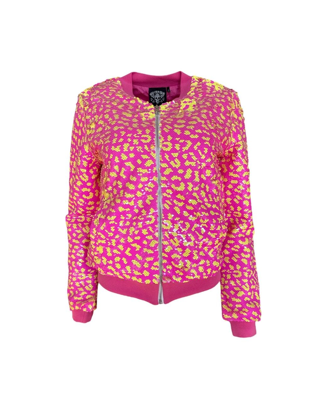 Any Old Iron Pink Neon & Sequin Cheetah Bomber Jacket