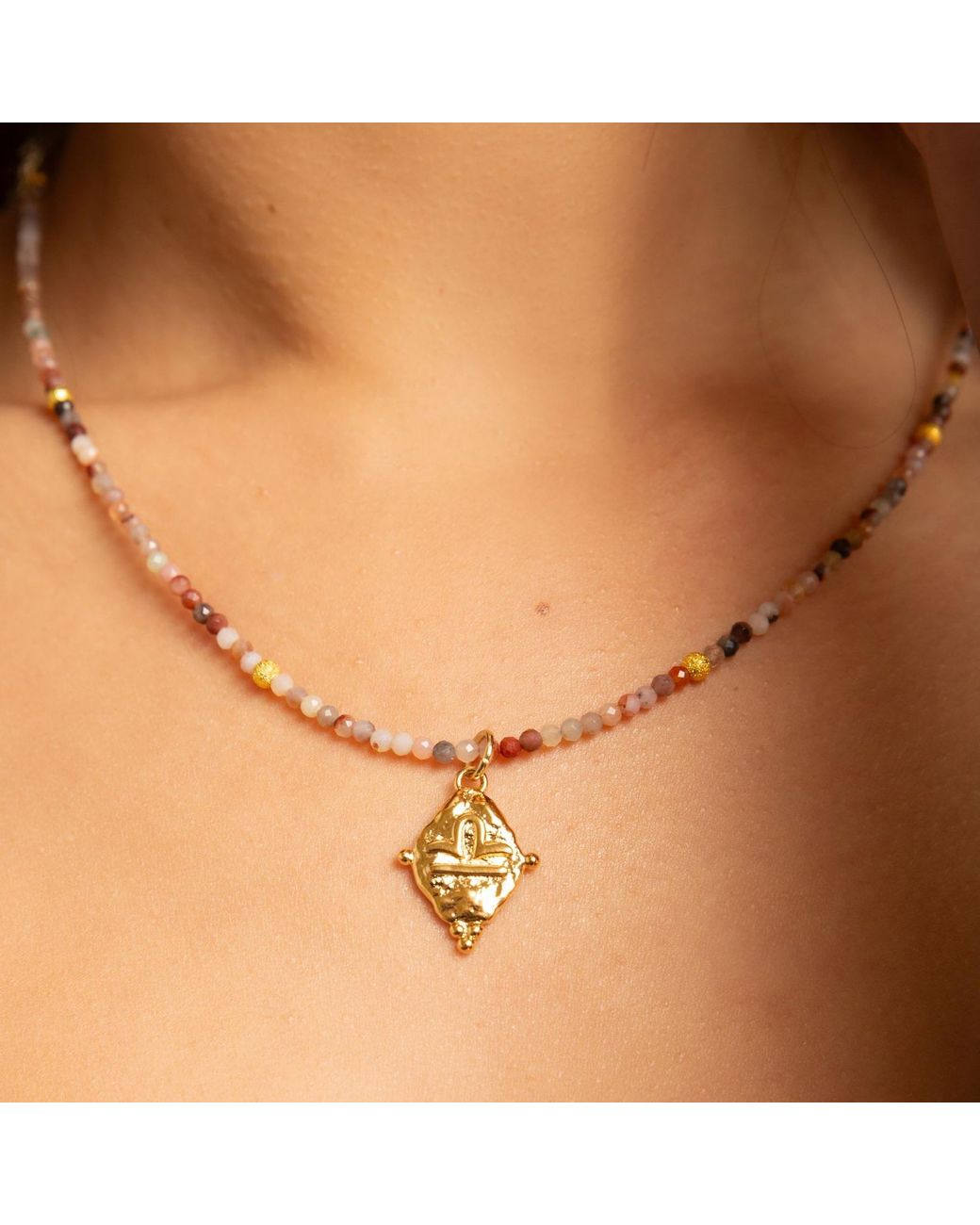 Seven Saints Metallic Libra Gemstone Choker Necklace, Multi-Colored Opal, Rhodium Plated