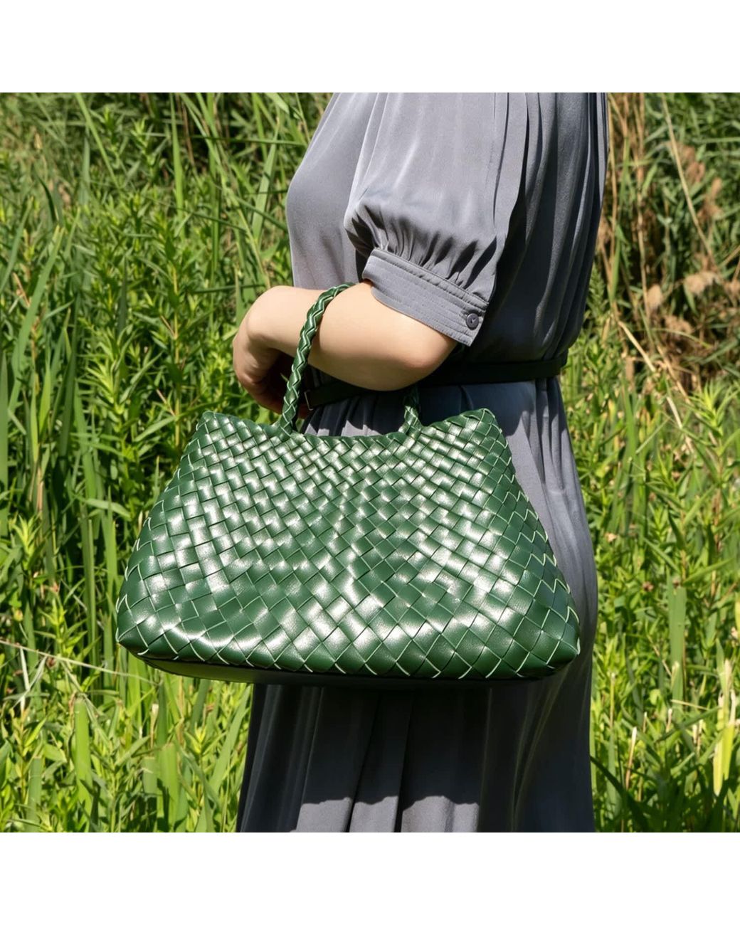 Rimini Green Woven Vegan Leather Tote 'Elisabetta'