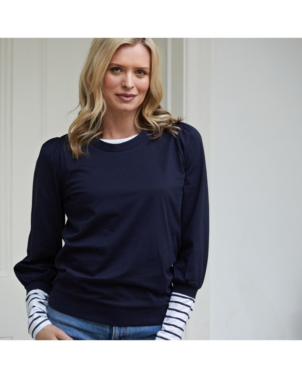 Cove Blue Long Length Cotton Ivory & Stripe Tee