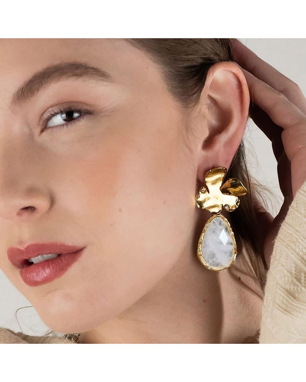 Rare Matters Jewelry Metallic Golden Flora Statement Clear Quartz Drop Earrings