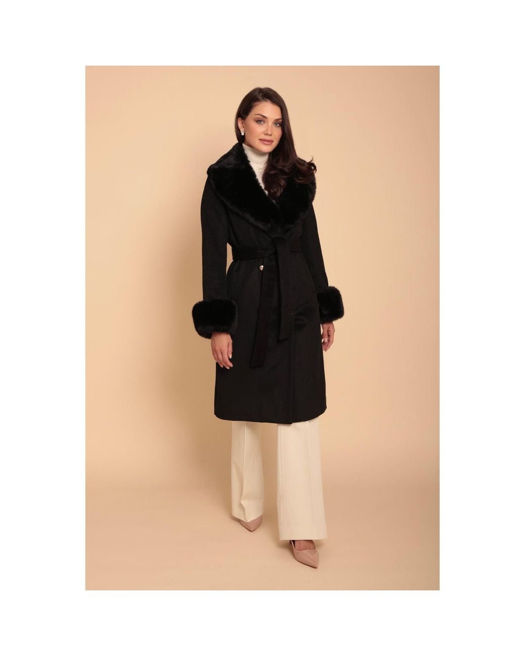 Santinni Black Marlene Cashmere & Wool Coat With Faux Fur