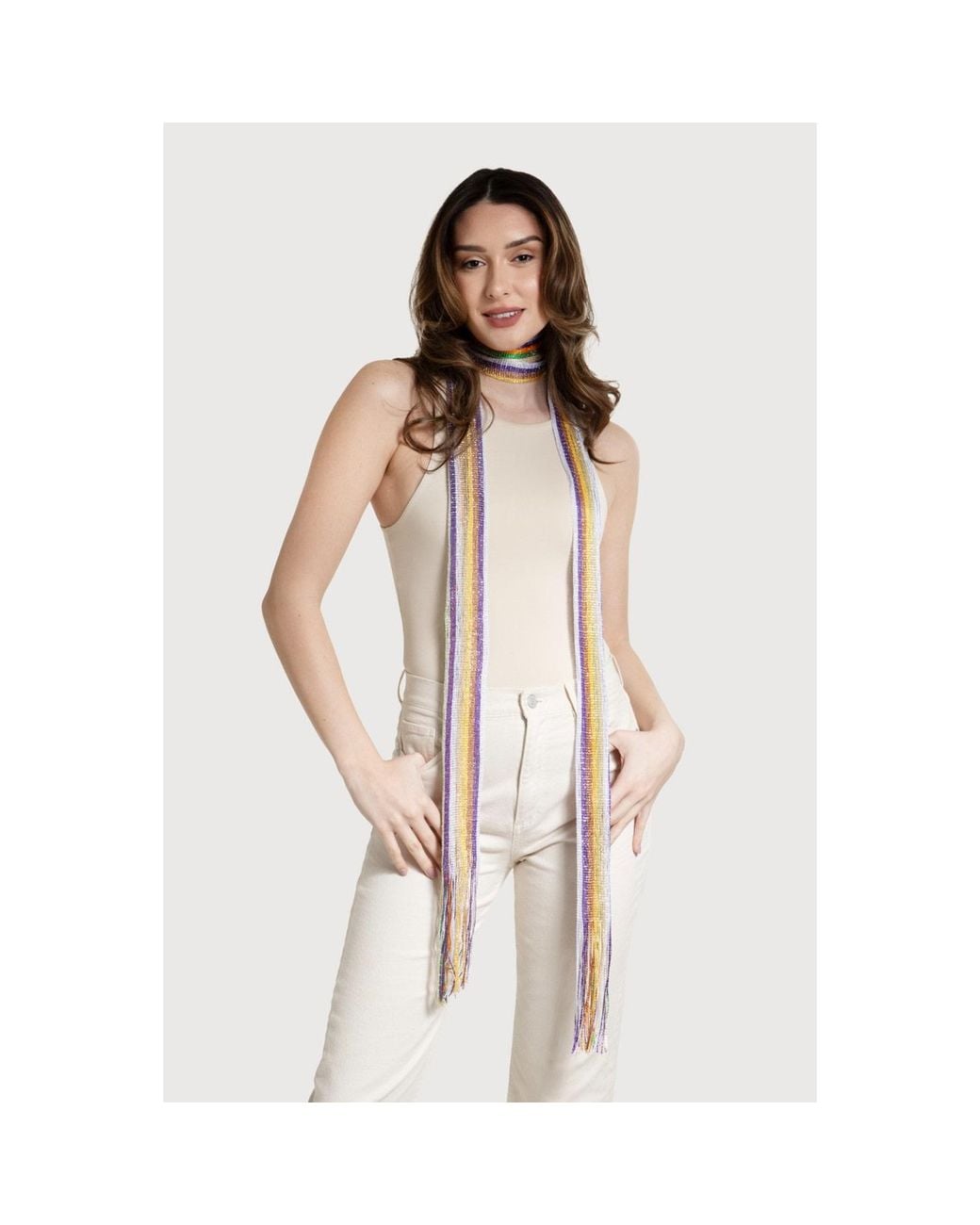 Saachi Multicolor Lurex Solid Skinny Fringe Scarf