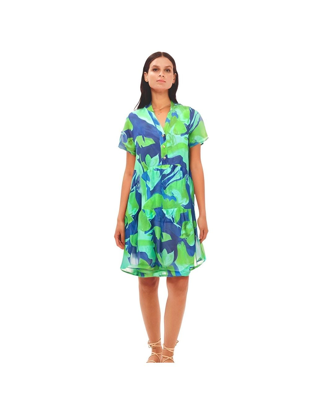 Haris Cotton Green Mini Printed Linen Blend Short Sleeved Dress With Front Buttons Lagoon