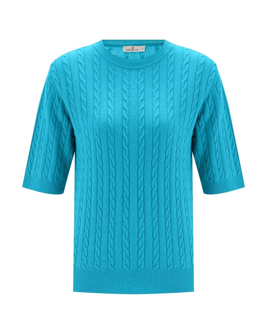 Peraluna Blue Nicole Cable Knit Cashmere Blend Short Sleeve Blouse
