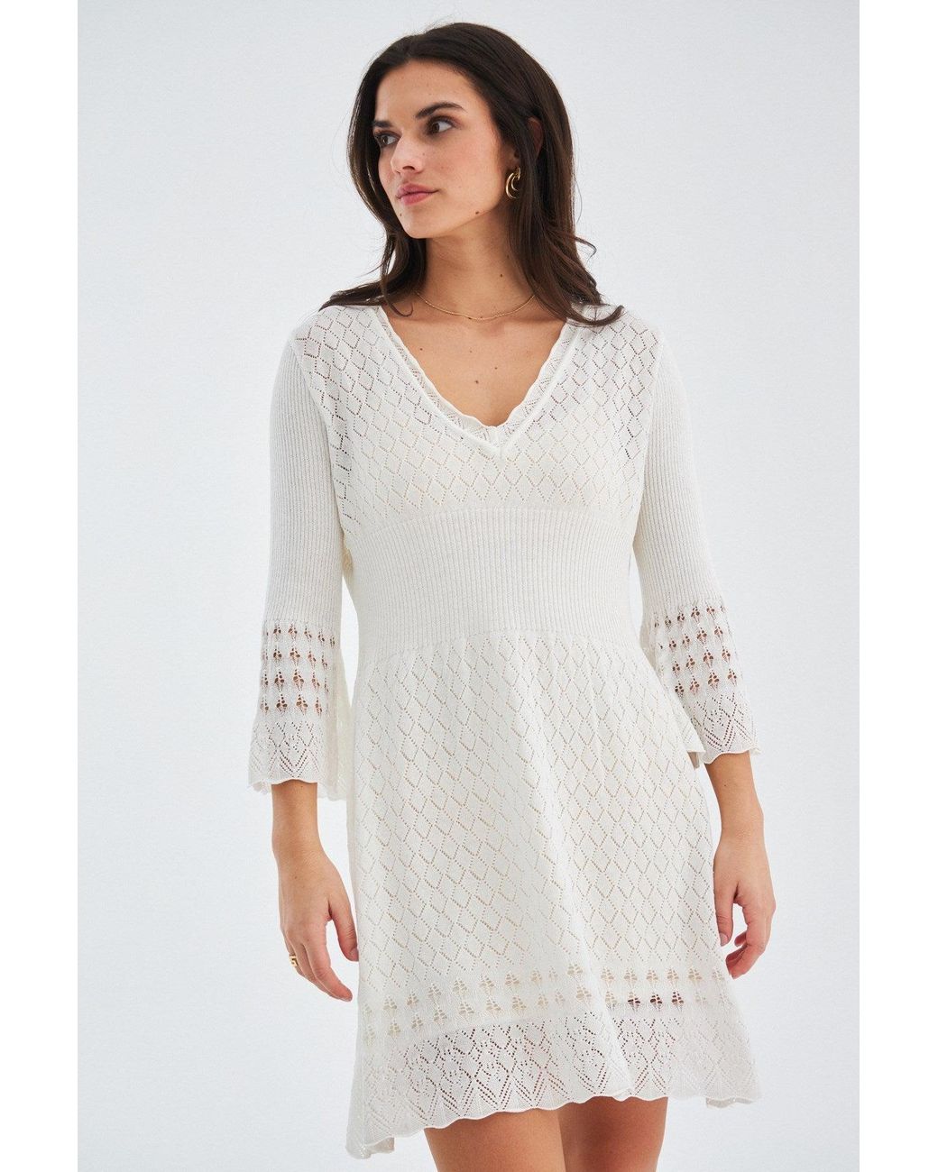 Peraluna White Yoho Openwork V-Neck Knit Mini Dress