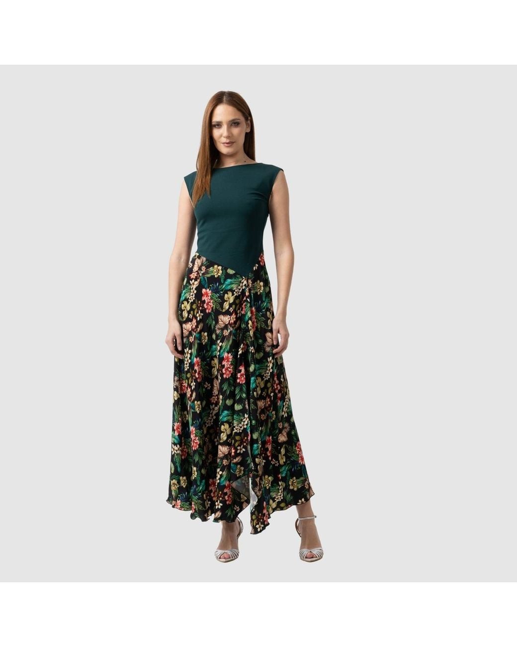 IZABELA MANDOIU Green Two-Tone Jersey Top Floral Midi Dress