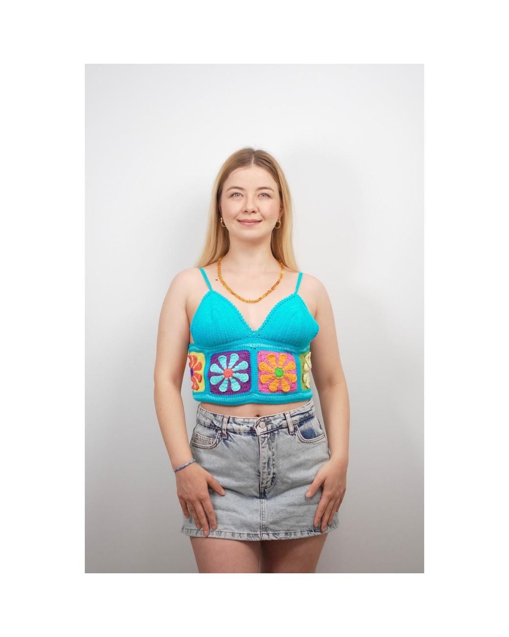 Ana Chic Blue Aqua Flower Square Handmade Crochet Bralette Top