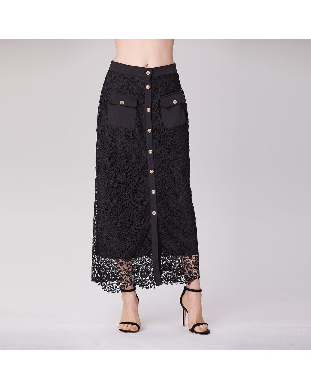 Smart and Joy Black Lace And Center Buttons Straight Midi Skirt