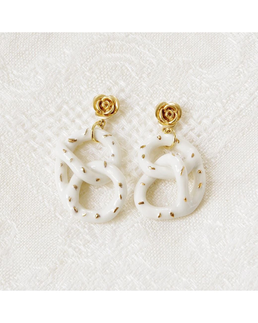 POPORCELAIN Metallic Golden Rose & Salted Porcelain Pretzel Earrings