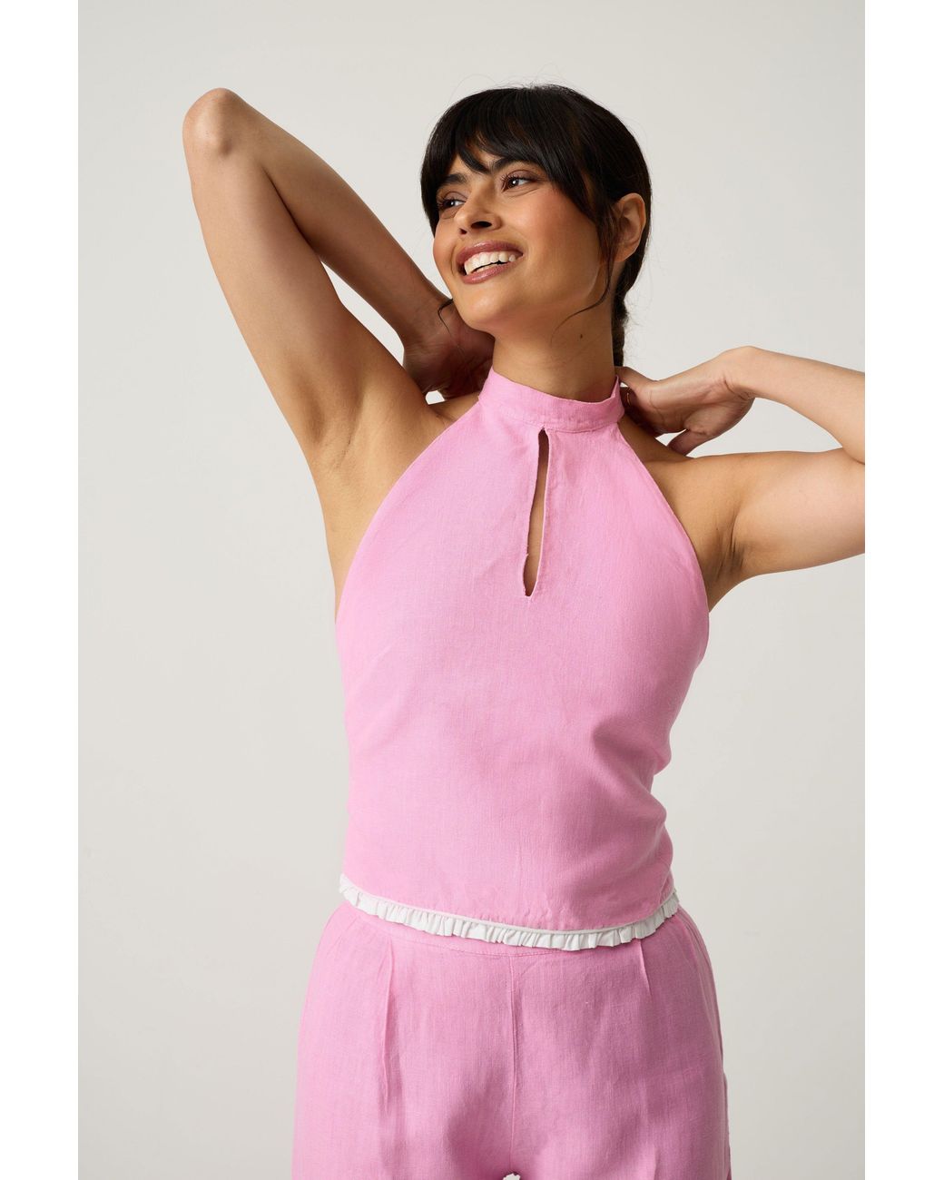 Imaura Pink Btw Linen Halter Top
