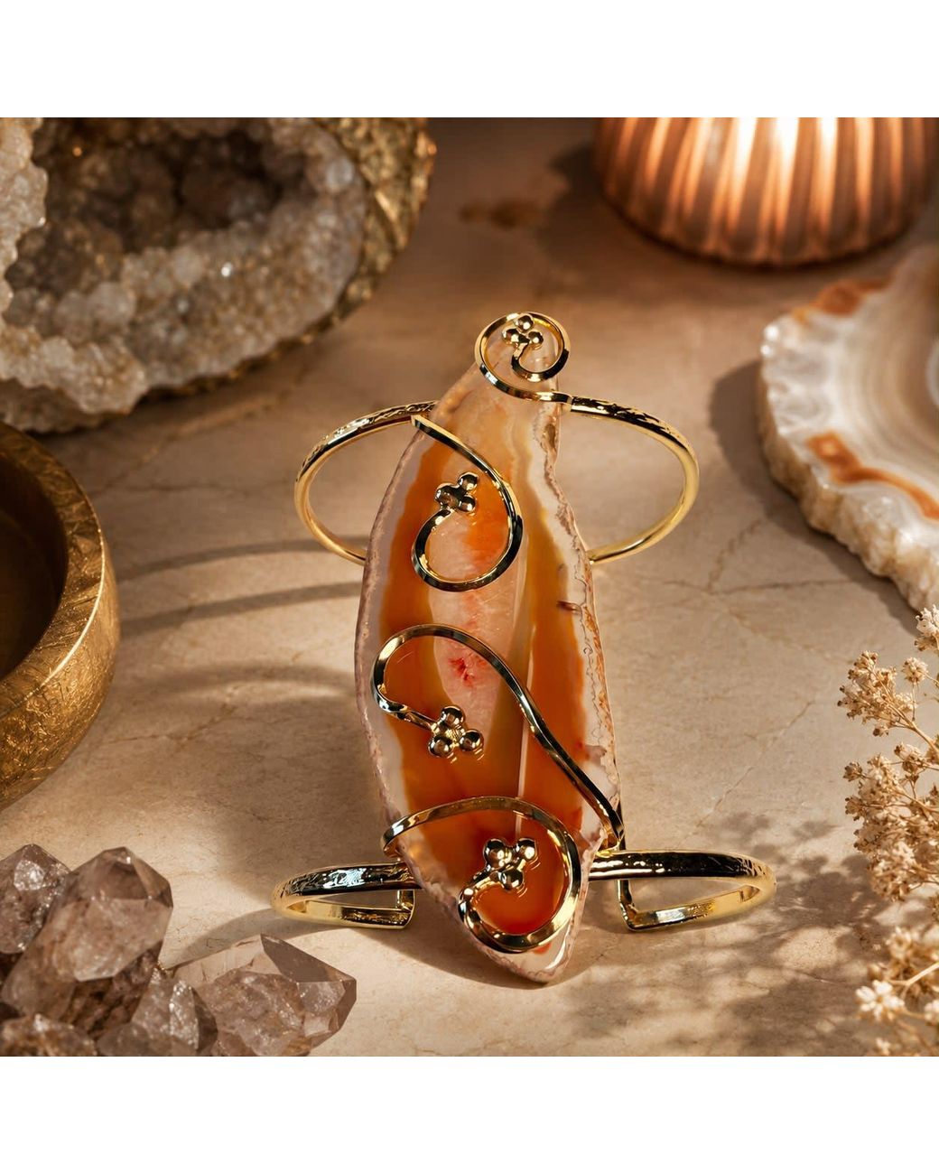 By Ozge Orange Sacred Ember Handcrafted Carnelian Agate Plated Statement Cuff Bracelet