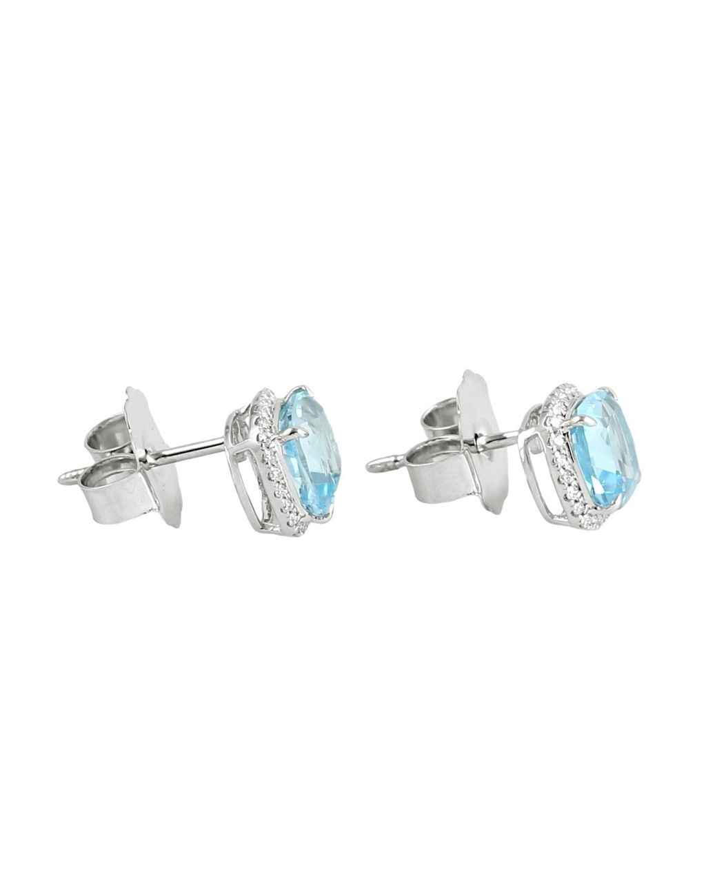 Artisan Blue 14K Cushion Cut Swiss Topaz & Diamond Halo Stud Earrings