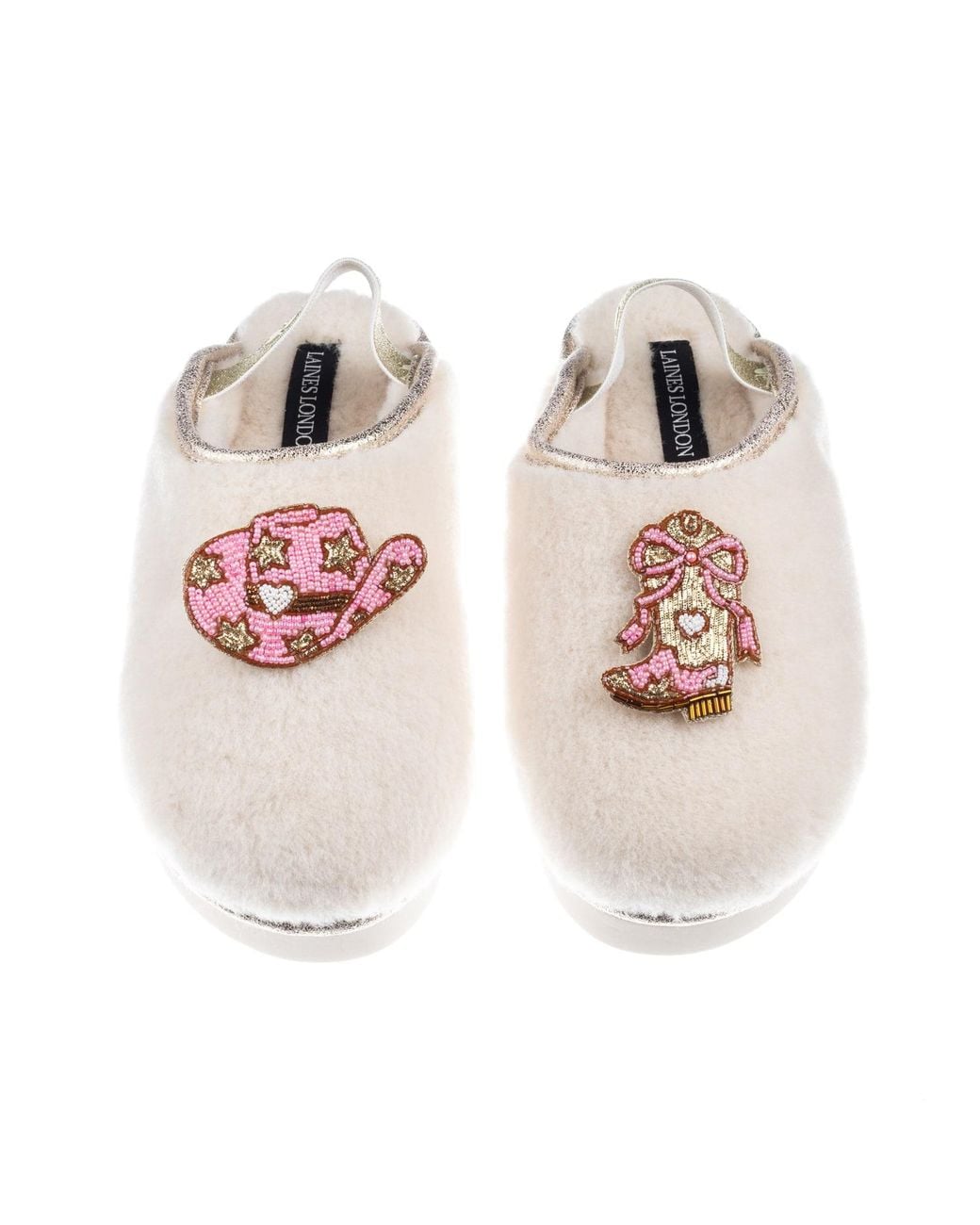 Laines London Pink Neutrals Flatform Cloud Closed Toe Slippers With Cowgirl Hat & Cowgirl Boots Brooches