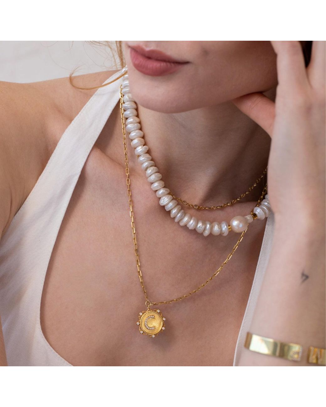 LINYA JEWELLERY Metallic Asymmetrical Baroque Pearl Necklace