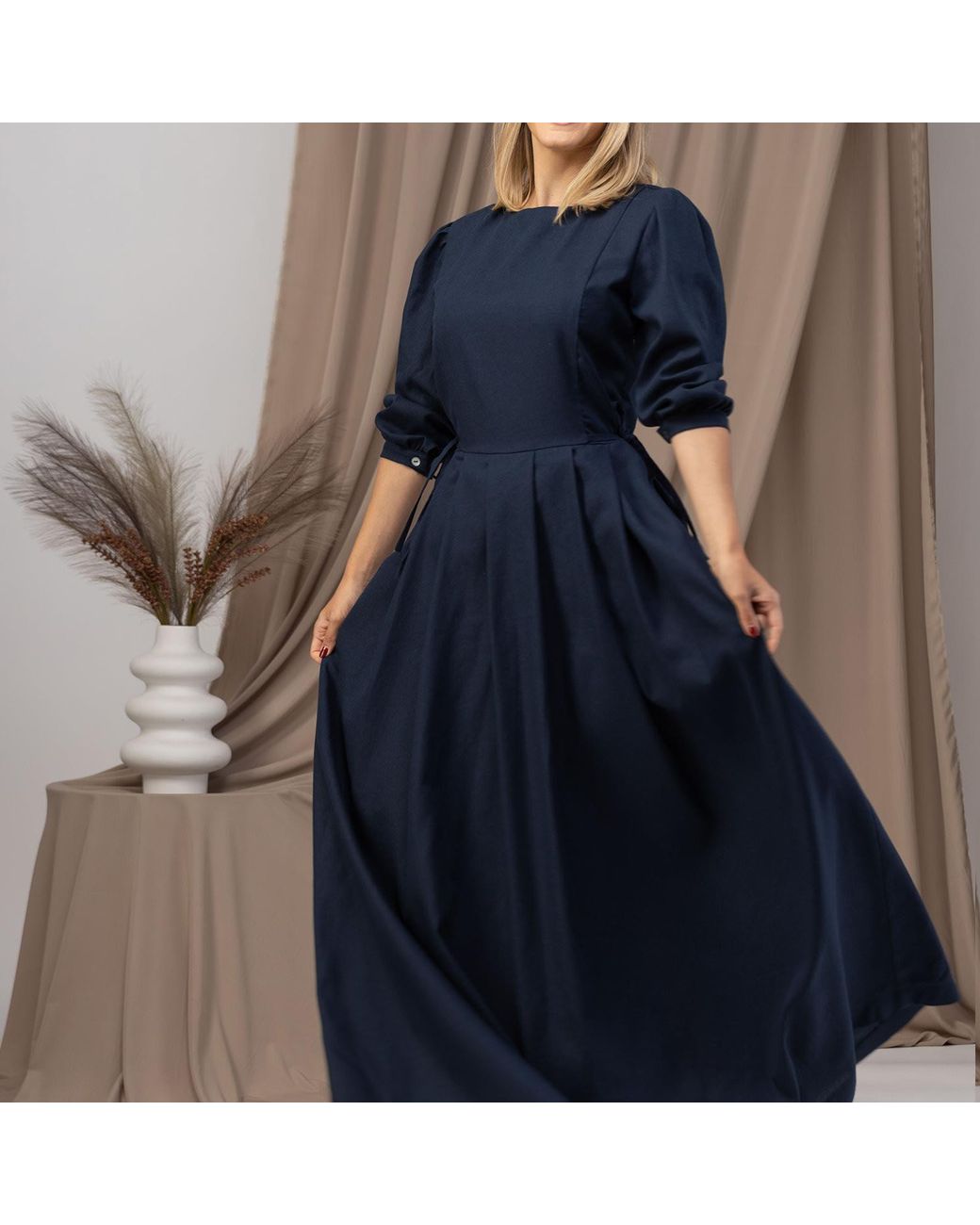 Nikka Place Blue Vintage Inspired Linen Dress With Puff Sleeves And Pockets