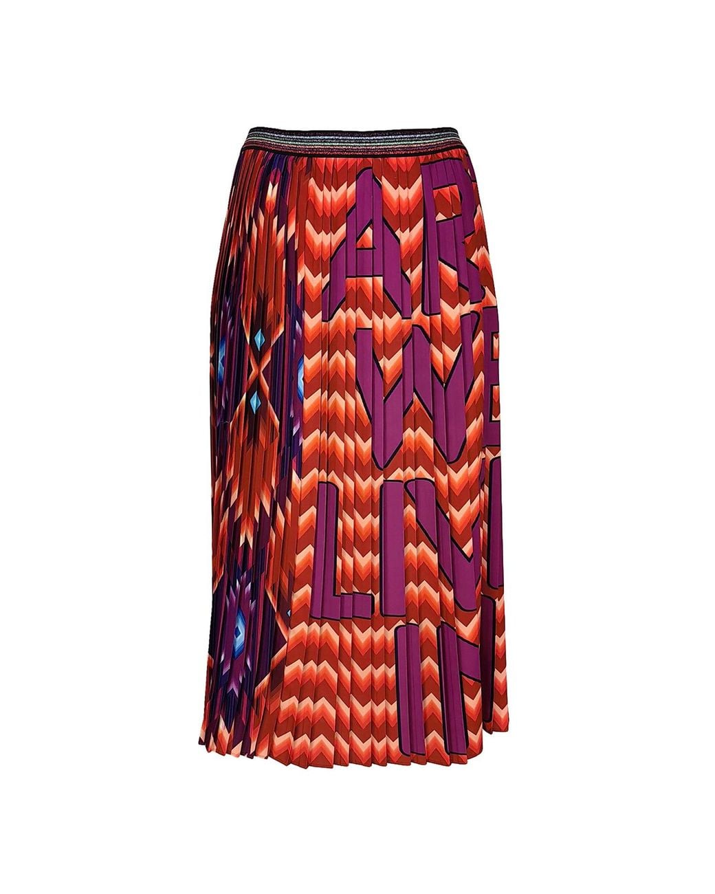 Lalipop Design Red Geometric Pattern With Fuchshia Logo Print Pleated Midi Skirt