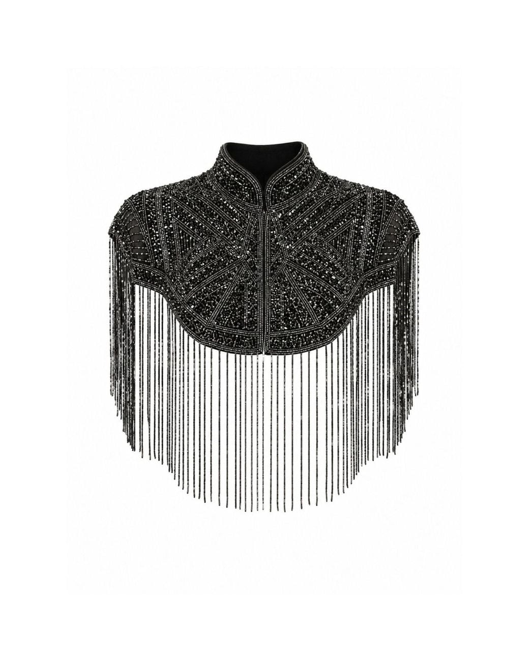 Rose & Nancy Black Bonnie Hand Embellished Fringe Cape Top