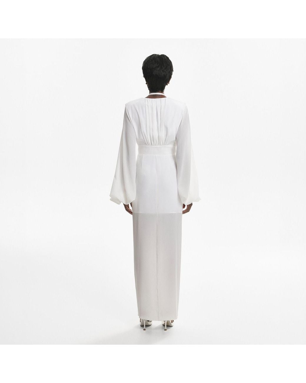 Lita Couture White Ample-Sleeve Maxi Silk Dress