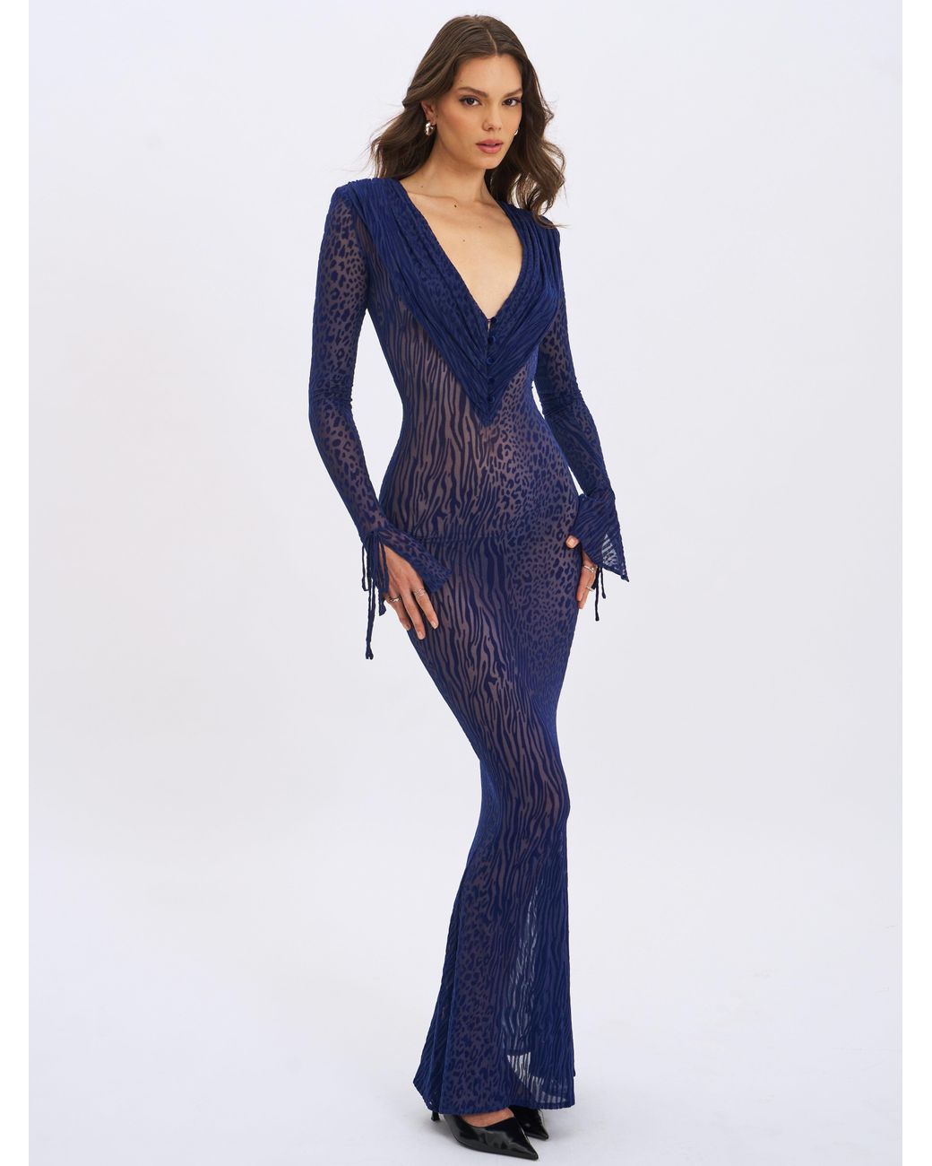 Miss Circle New York Blue Ilyse V-Neck Plunge Animal Print Mermaid Hem Maxi Dress