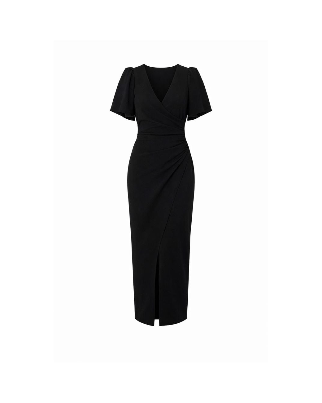 Girl In Mind Black Freya Puff Sleeve Wrap Neck Ruched Midi