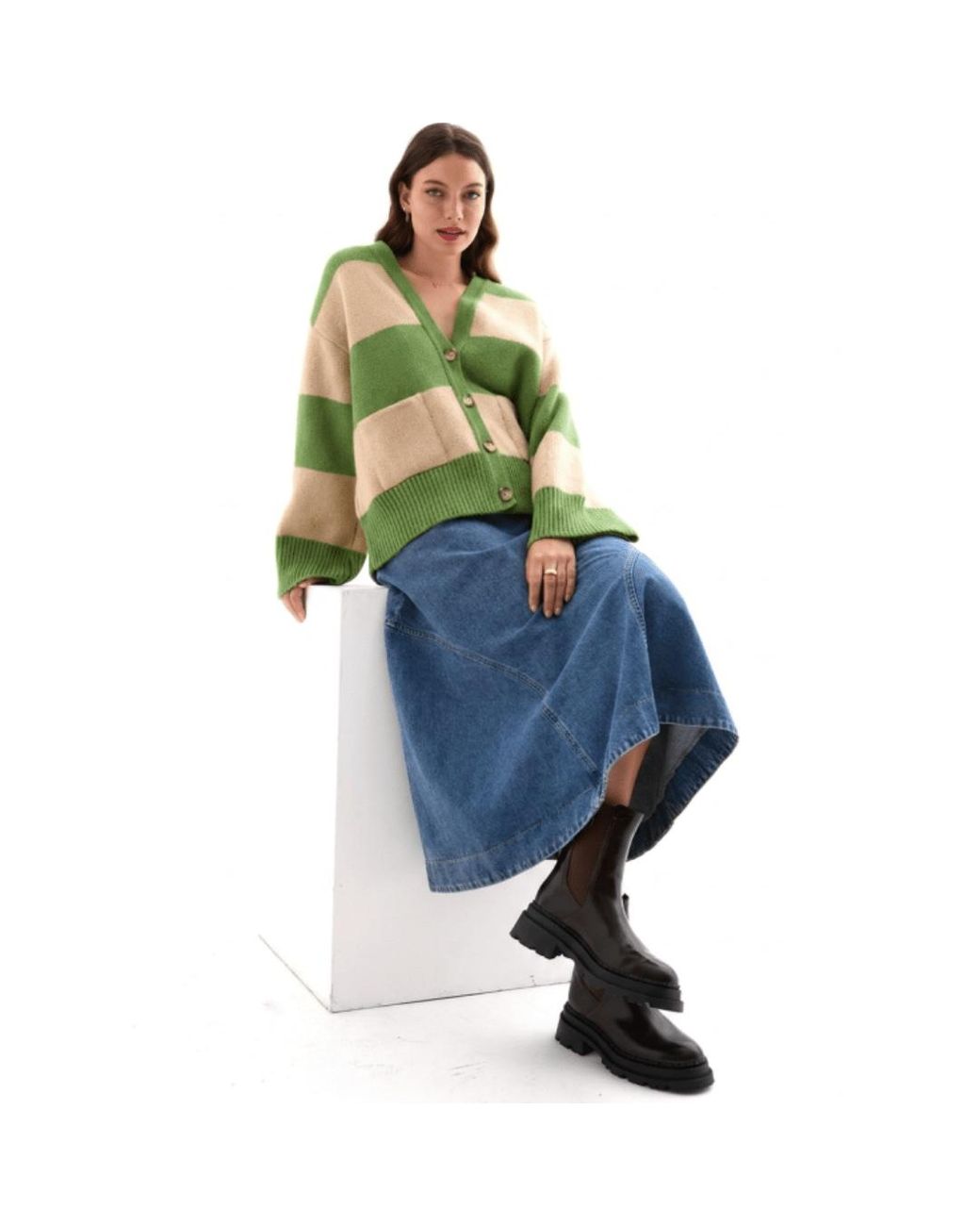 Cara & The Sky Green Candice Chunky Stripe V Neck Button Cardigan